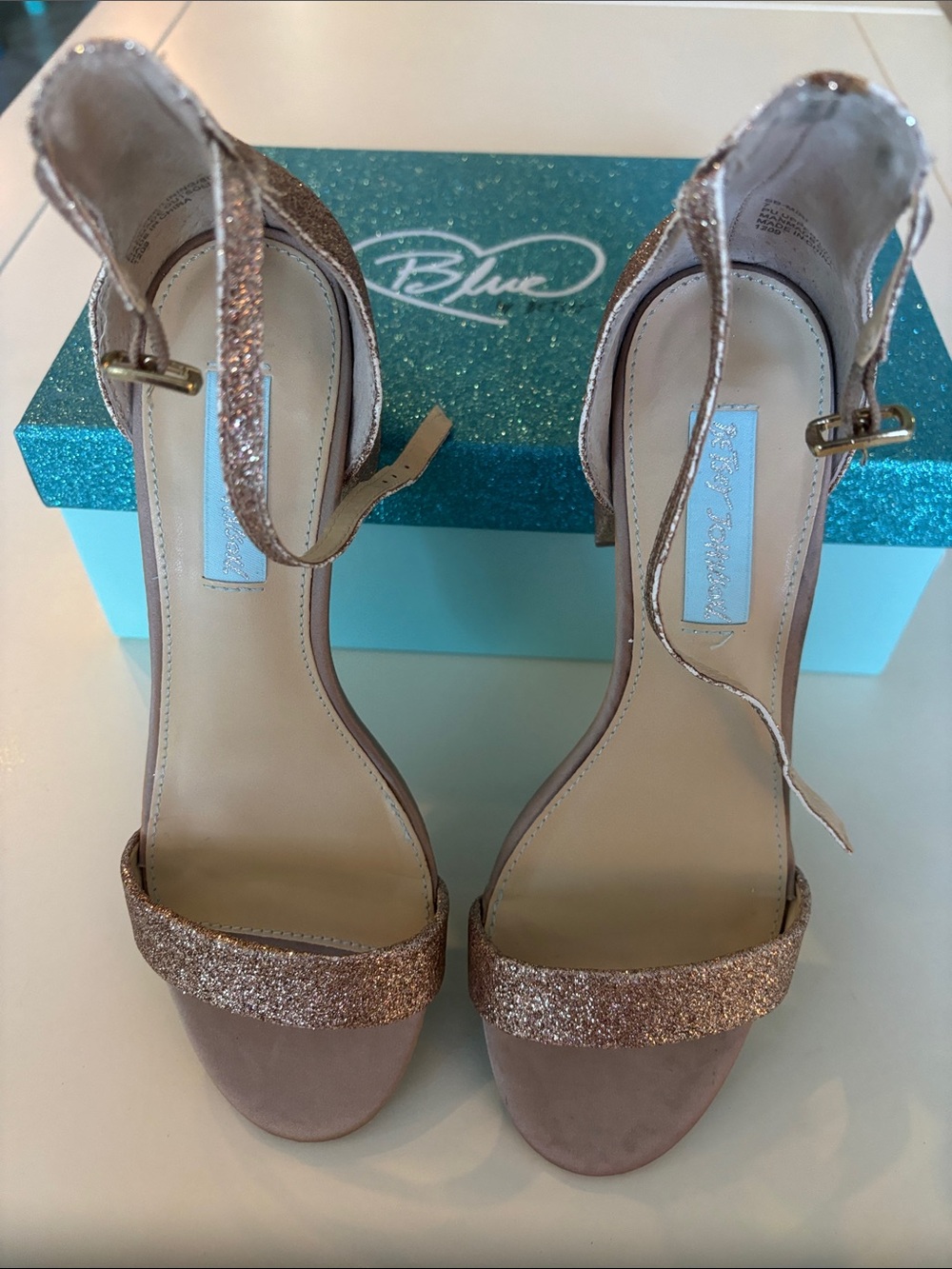 Blue by Betsey Johnson Rose Gold Glitter Ankle-Strap Heels 7